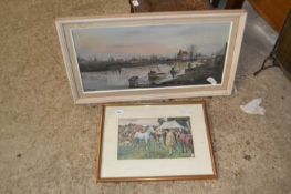R J Scott riverside scene together with a coloured print after Munnings (2)