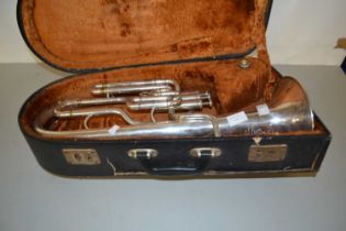 A silver plated horn marked Class A Made By Salvationist Publishing & Supplies Ltd, cased
