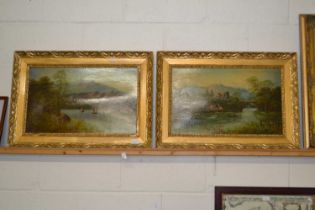 F John - two studies of riverside scenes, oil on board, gilt framed