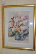Ute Martens, coloured print, floral bouquet, signed in pencil, framed and glazed