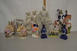Group of various Staffordshire figures to include The Falconer and others, many chips and repairs