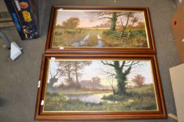 Two countryside landscapes November Sunset and Autumn Showers by K Curtis, 97, oil on board, framed