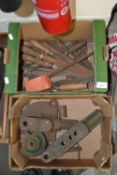 Two boxes of assorted hand tools to include planes and others