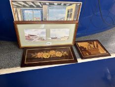 Mixed Lot: Two modern marquetry inlaid high gloss finish panels, probably Italian together with
