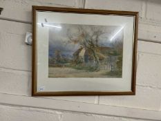 Cart by a cottage, watercolour, framed and glazed