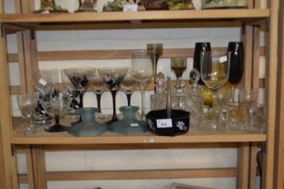 Mixed Lot: Assorted glass ware to include black stemmed cocktail glasses, candlesticks etc