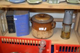 Mixed Lot: Vintage paraffin lamp, Stones Justices Manual 1940, vintage dictionary, pottery pot and