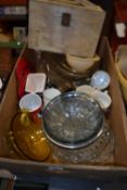 Mixed Lot: Assorted glass dishes, mugs and a shoe shine box