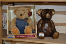 A Chad Valley 100th Anniversary teddy bear and a carved wooden teddy bear