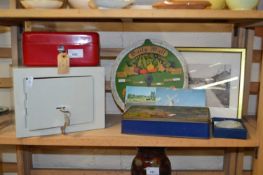 A small safe, cash box tin, collectors tin and other items