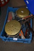 Small brass warming pans, kitchen utensils and other items