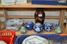 Mixed Lot: Peacock decorated bowl, blue and white ginger jars etc