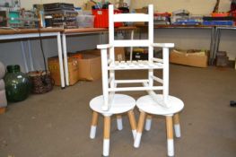 Two white painted small circular stool/drinks tables and a child's rocking chair (3)