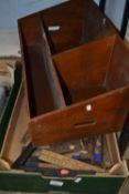 Wooden storage box and a quantity of assorted draughtsmans tools, squares, rulers etc