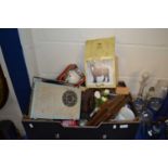 Large box of various house clearance items to include vintage radio, various ornaments, tile