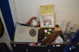 Large box of various house clearance items to include vintage radio, various ornaments, tile