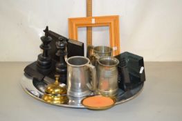 Mixed Lot: Various pewter tankards, meat plate, book ends etc