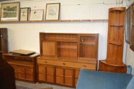 Suite of mid Century teak furniture by Nathan, comprising a narrow corner unit, a low dresser and