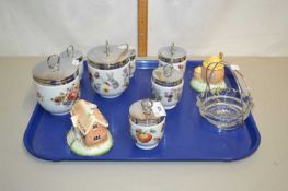 Tray of various Royal Worcester egg coddlers, Coalport model cottages etc