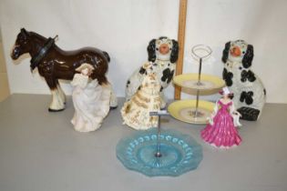 Pair of Staffordshire dogs, figures, cake stand etc