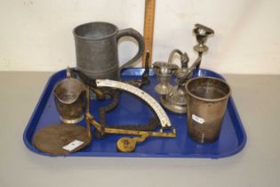 Tray of mixed wares to include pewter tankard, vintage scales and other items