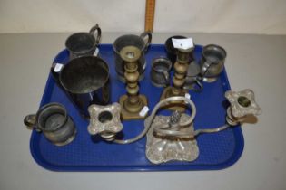 Tray of mixed items to include pewter tankards, candelabra, etc
