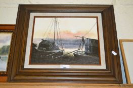 Study of moored boats at dawn, indistinctly signed and framed