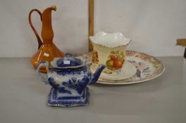 Mixed Lot: Oval meat plate, blue and white teapot on stand, Art Glass jug, jardiniere etc