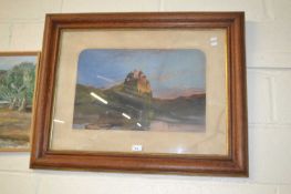 Coloured print, view of a continental castle, oak framed