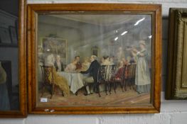 Victorian chromolithograph print Christmas Lunch, set in a maple frame