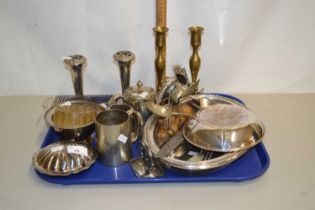 A tray of various silver plated wares to include vases, tea wares, serving dish etc