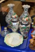 Mixed Lot: Pair of Oriental crackle glazed covered vases, a pair of further floral vases and other