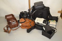 A group lot of cameras and binoculars to include Minolta, APZ Riva, Minolta Autofocus binoculars,