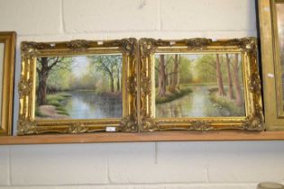 M Hall - Two studies of riverside scenes, oil on board, gilt framed