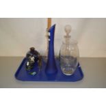 Tray of various decanters, vases, ornaments etc