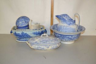 Mixed Lot: Various blue and white wares to include a wash bowl and jug produced for Heel & Son,
