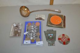 Mixed Lot: Silver plated soup ladel, paste coinage, Charlton Athletic car badge etc