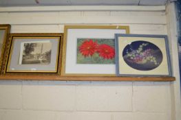Mixed Lot: Needlework picture of flowers, a further coloured print Gazanias and a further black