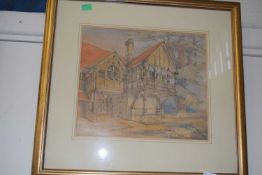 Watercolour study of a timber framed building, framed and glazed
