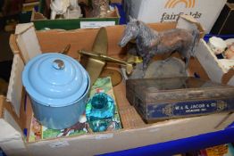 Mixed Lot: Bronzed model of a horse, enamel sugar caddy, glass duck, Rupert jigsaw, brass planes