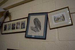 Study of a Tawny Owl together with a small street scene and a selection of framed postcards,