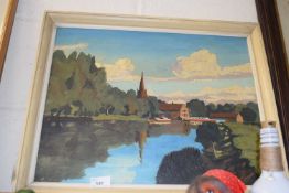 River scene, gouache on panel, framed