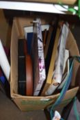 Box of various mixed pictures, wall clock etc