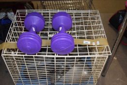 Dog cage, dumbells and other assorted items
