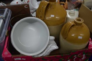 Two large stone ware bottles, stone ware hot water bottle, chamber pot, planter etc