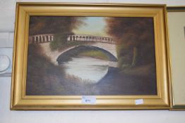 Bridge over a river, oil on panel in gilt frame