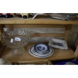 Large pressed glass fruit bowl and a quantity of blue and white china