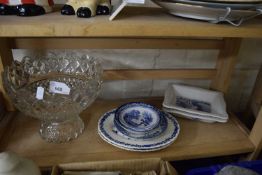 Large pressed glass fruit bowl and a quantity of blue and white china
