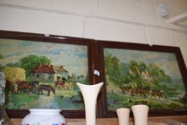 A pair of prints of cart horses, framed