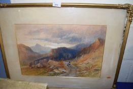 Figures on a mountain path, watercolour, framed and glazed
